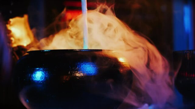 Close-up of a magic cauldron with a magic potion and smoke in a black cauldron. The witch prepares a potion for Spooky Halloween. Halloween celebration concept.