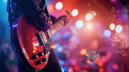 Obraz premium Guitarist performance on stage for blurred concert lights background ai generated image