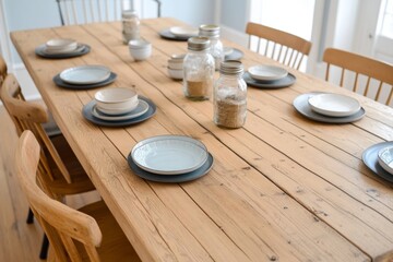 A rustic farmhouse dining table, with wooden chairs, vintage-style dishware, and a mason jar centerpiece