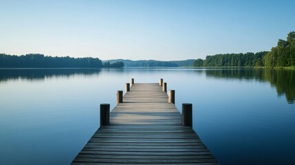 Naklejka premium Serene Wooden Dock in Minimalist Lake Landscape - Tranquil Reflections in Nature