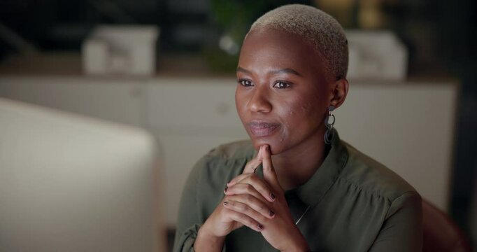 Thinking, night and black woman with laptop, typing and planning with research in office and online. Dark, employee and journalist with digital website, working late and ideas for deadline of story