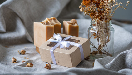 Cute pieces of craft natural soap and a gift box with a white ribbon on a fabric background