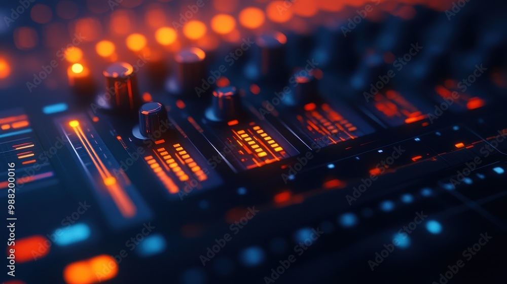 Poster illuminated audio mixer console with glowing controls