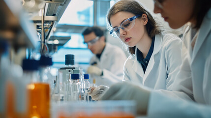 Researchers developing new battery materials in a lab.