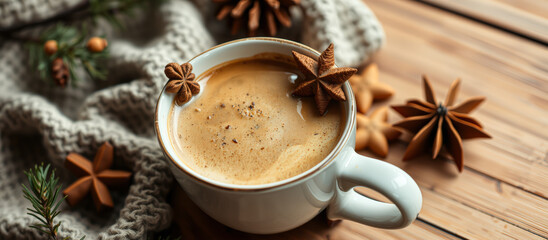 Star anise and coffee on a cozy knitted background
