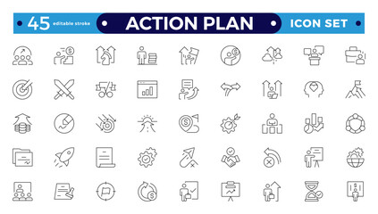 Action plan outline icon set. Containing planning, schedule, strategy, analysis, tasks, goal, collaboration, startup, steps, target, and objective icons. Editable stroke outline icon.