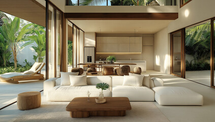 Fototapeta premium A large, open-plan living area with a light beige color scheme, a white sectional couch, and wooden furniture. Outside, there's a patio area