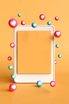 Vertical image of Blank page copy space on orange background with love icon and likes to float around. Concepts of public relations, marketing, and social media.