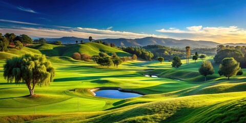Obraz premium A scenic view of a lush golf landscape with rolling hills and a clear blue sky , golf course, natural beauty