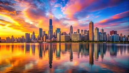 Fototapeta premium Vibrant Chicago skyline at sunset with colorful sky reflecting on Lake Michigan, Chicago, sunset, cityscape