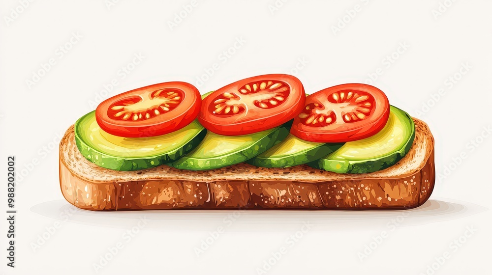 Poster fresh avocado and tomato on toasted bread in minimal vector style
