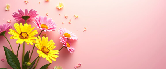 Fototapeta premium Yellow and Pink Flowers on Pink Background
