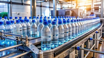Fototapeta premium Plastic water bottles being filled on conveyor by bottling machine, bottling, machine, production, conveyor