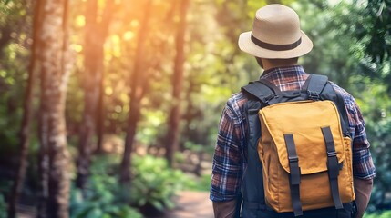 Obraz premium Man with backpack walking in forest