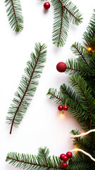 Christmas Ornaments and Pine Branches on White Background