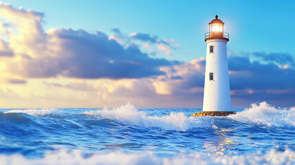 beautiful lighthouse stands tall in middle of ocean, surrounded by vibrant waves and stunning sky. scene evokes sense of tranquility and guidance