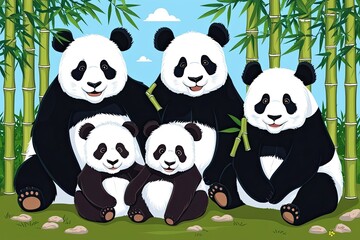 Fototapeta premium Playful Pandas in Lush Bamboo Forests Vibrant Wildlife Art Illustration