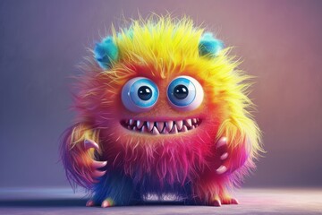 Fototapeta premium Neon-lit 3D cute monster in bright magenta and cyan, boasting a dynamic and imaginative design.