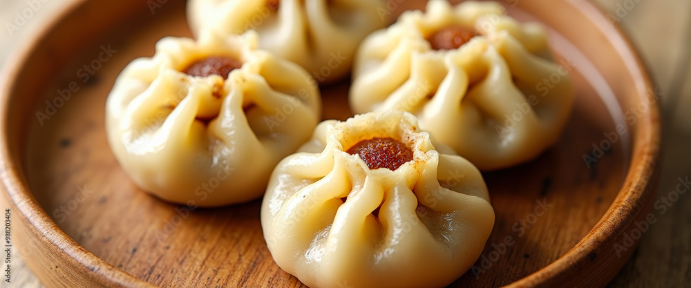 Sticker Steamed Buns with Meat Filling on Wooden Plate