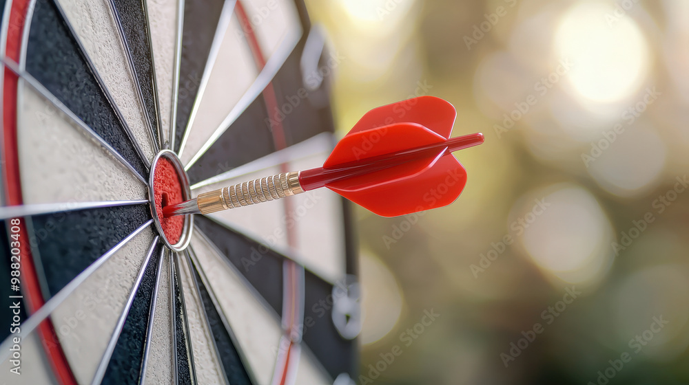 Poster close up of red dart perfectly hitting bullseye of dartboard, showcasing precision and focus in comp