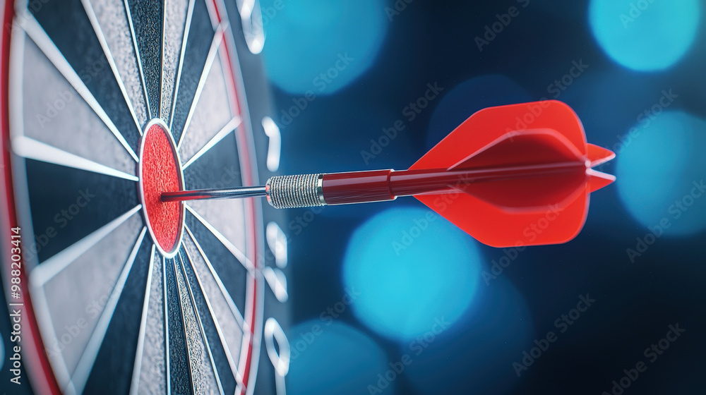 Poster close up of red dart perfectly hitting bullseye of dartboard, showcasing precision and focus in vibr