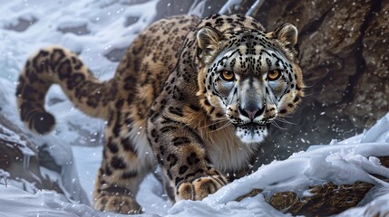Fototapeta premium snow leopard prowls through a frozen landscape, its piercing eyes scanning the surroundings. This close-up captures the power and beauty of this elusive big cat in its natural habitat.