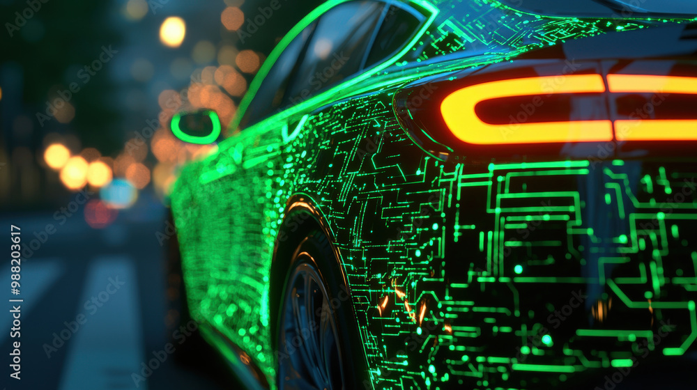 Poster sleek modern car illuminated with vibrant green circuit pattern, showcasing advanced technology and 