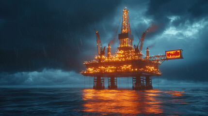 Obraz premium dramatic oil rig illuminated against stormy sky, showcasing its intricate structure amidst turbulent waters. scene evokes sense of power and resilience in nature