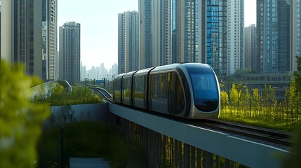 Obraz premium Modern train on elevated rail in urban setting.