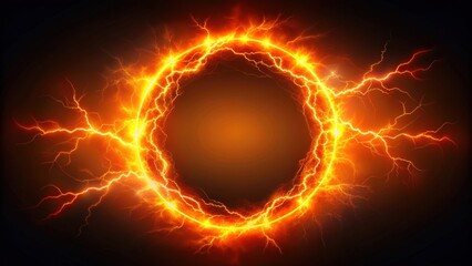 Fiery orange energy effects with electric lightning circle and thunderbolt discharge on background, energy, effects, plasma