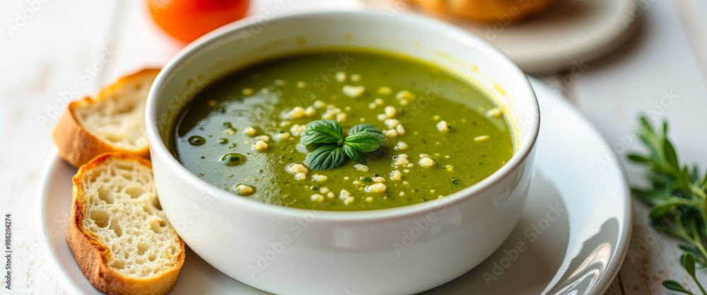 Poster Closeup of green soup with bread and fresh herbs