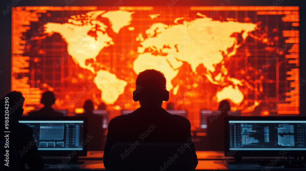 Poster image depicts dark room with individuals monitoring large, illuminated world map on screen, suggesti