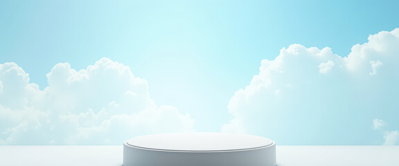 White podium on light blue sky background with clouds