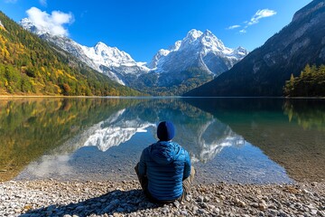 Obraz premium A traveler sitting by a mountain lake, reflecting the surrounding peaks and the beauty of nature