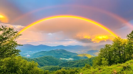 Mountain view with vibrant rainbow arch.