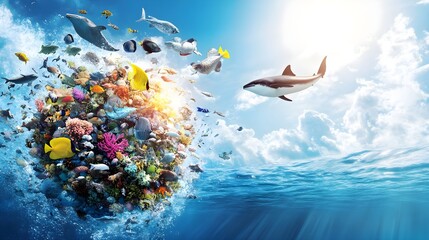 Ocean pollution with colorful marine debris