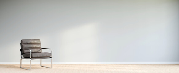 Fototapeta premium Minimal interior armchair zen style wooden chair in front of empty white wall