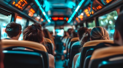 Naklejka premium People inside crowded bus, urban travel scene