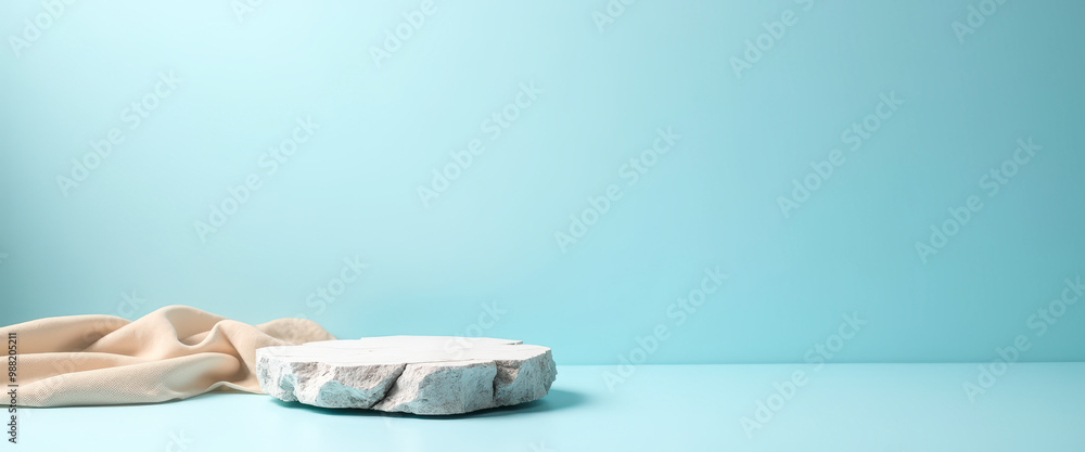 Poster minimalist product display with stone platform and fabric drape