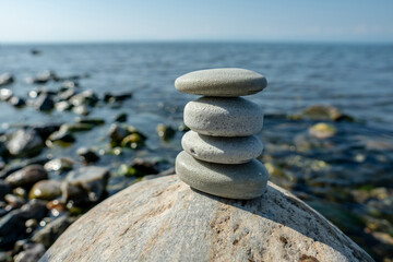Handmade soap pieces in the shape of stones are stacked on top of each other on the shore of the sea or lake. Image of organic cosmetics in a natural environment