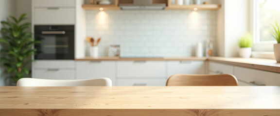 Wooden Tabletop in Blurred Modern Kitchen