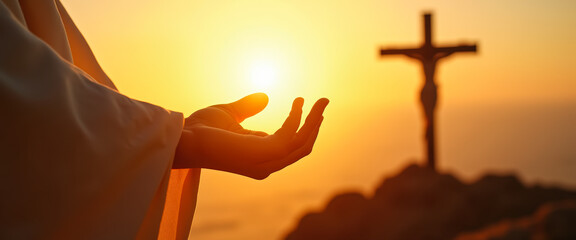 Hand reaching towards the sun with cross in the background