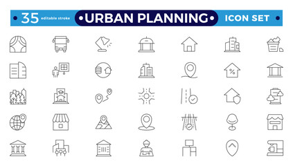 Urban planning Outline icons. City development, smart city infrastructure.plan, urban,dearchitecture, city, construction, building.  Editable stroke outline icon.
