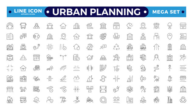 Urban planning Outline icons. City development, smart city infrastructure.plan, urban,dearchitecture, city, construction, building.  Editable stroke outline icon.
