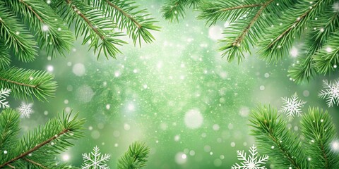 Obraz premium Abstract green Christmas winter background with snowflakes and pine tree branches, Christmas, winter, green, abstract