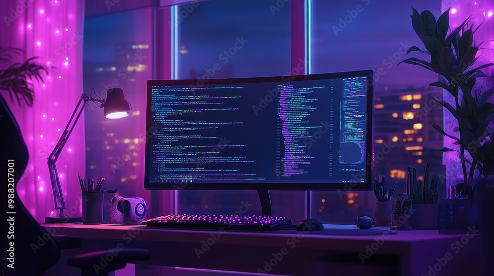 Poster coding workspace at night with neon lights