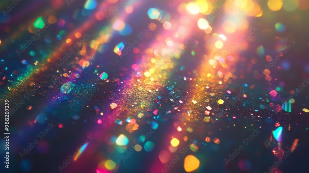 Poster prism rainbow light on dark background. holographic flare and bokeh effect