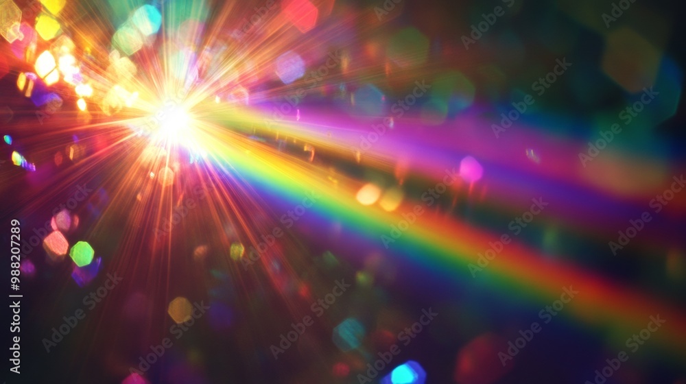 Poster prism rainbow light on dark background. holographic flare and bokeh effect