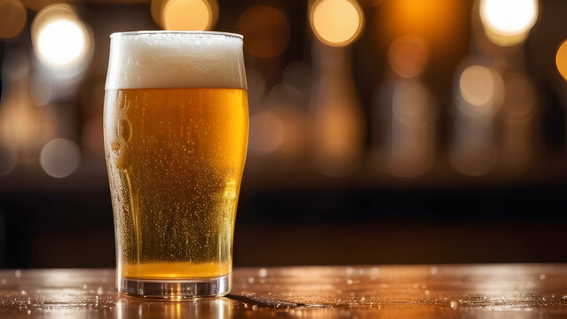 Cold, refreshing beer with condensation on a bar counter, featuring a blurred, warm bokeh effect in the background.