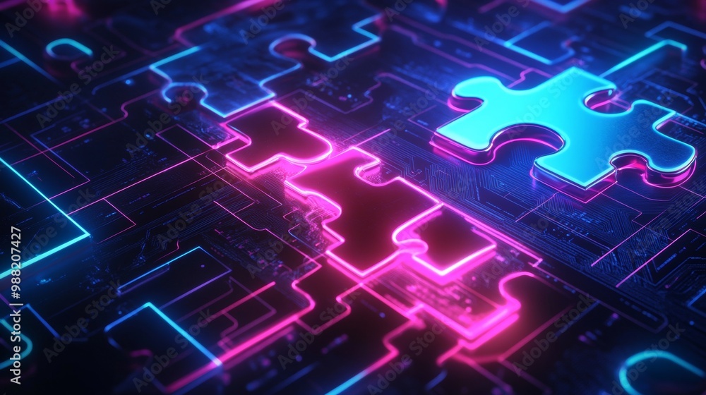 Poster api integration concept. neon puzzle pieces on futuristic digital background for seamless connectivi